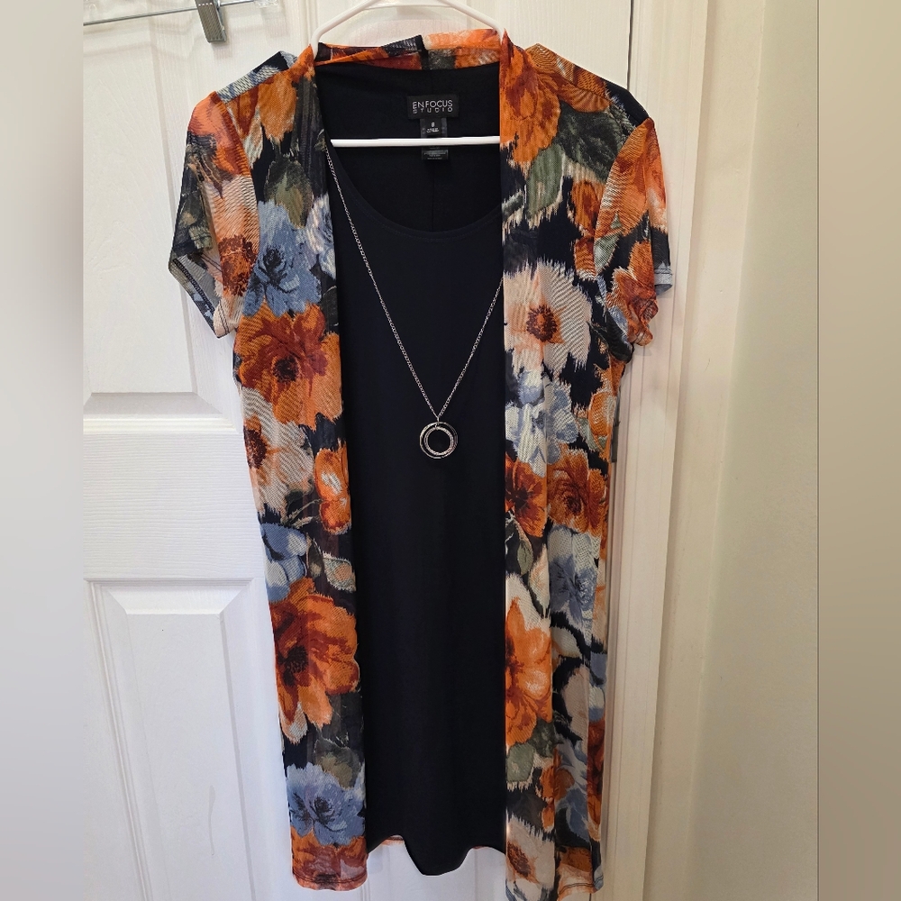 Floral Open Cardigan Dress with Necklace